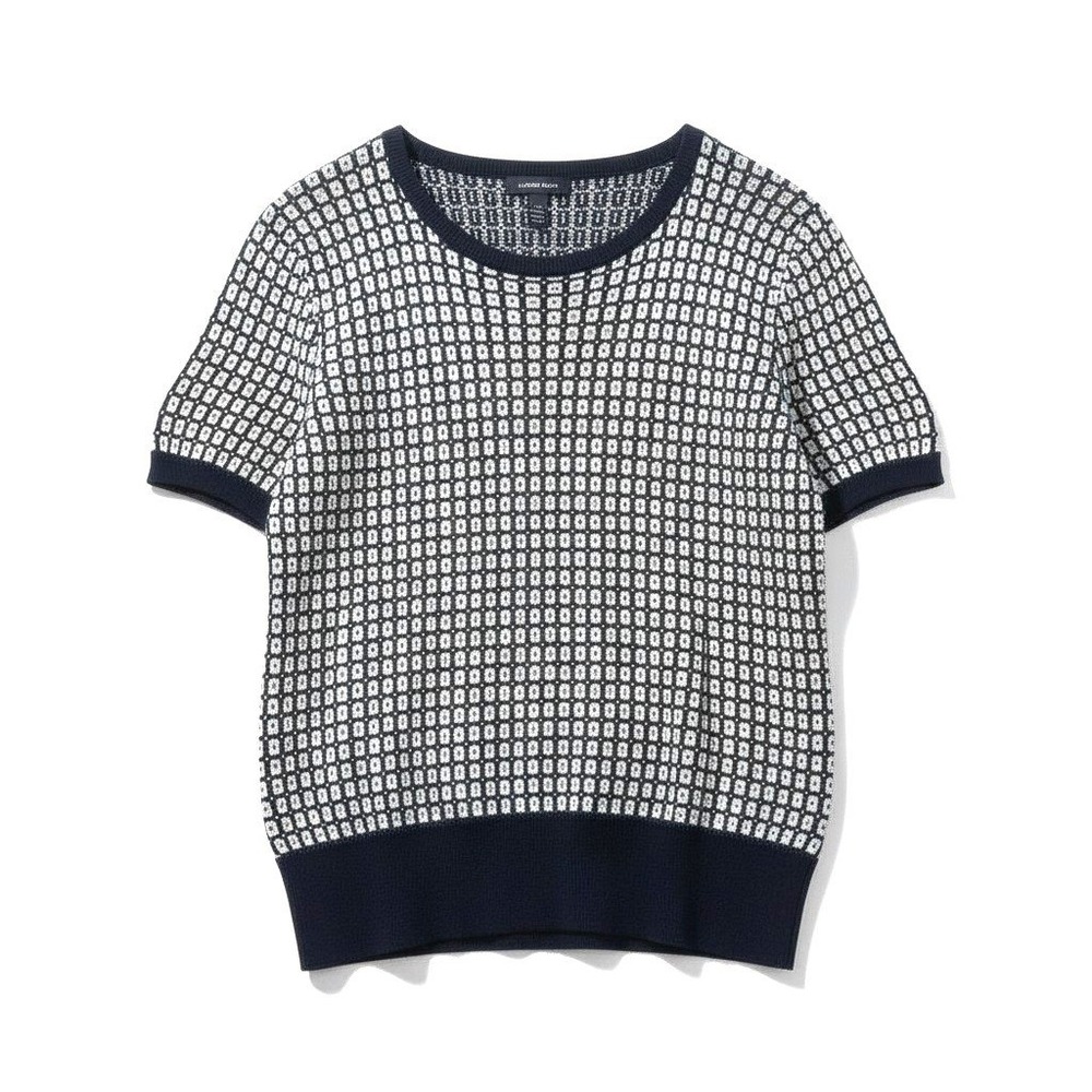 Lands End Womens 2X Supima Cotton Short Sleeve Sweater Navy Blue Geometric Knit